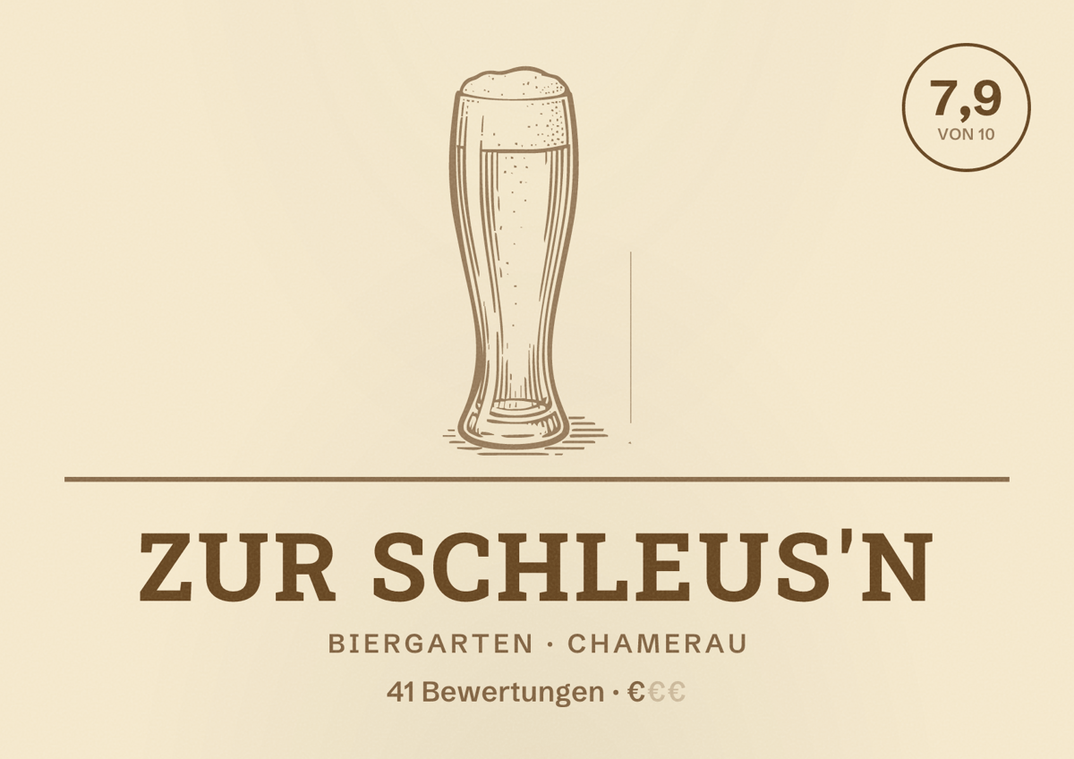 Illustriertes Poster von Zur Schleus'n, Biergarten in Chamerau: Bewertung 7,9 von 10 aus 41 Bewertungen, Preisniveau €