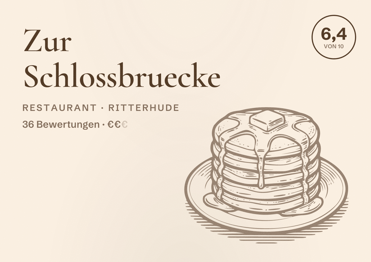 Illustriertes Poster von Zur Schlossbruecke, Restaurant in Ritterhude: Bewertung 6,4 von 10 aus 36 Bewertungen, Preisniveau €€