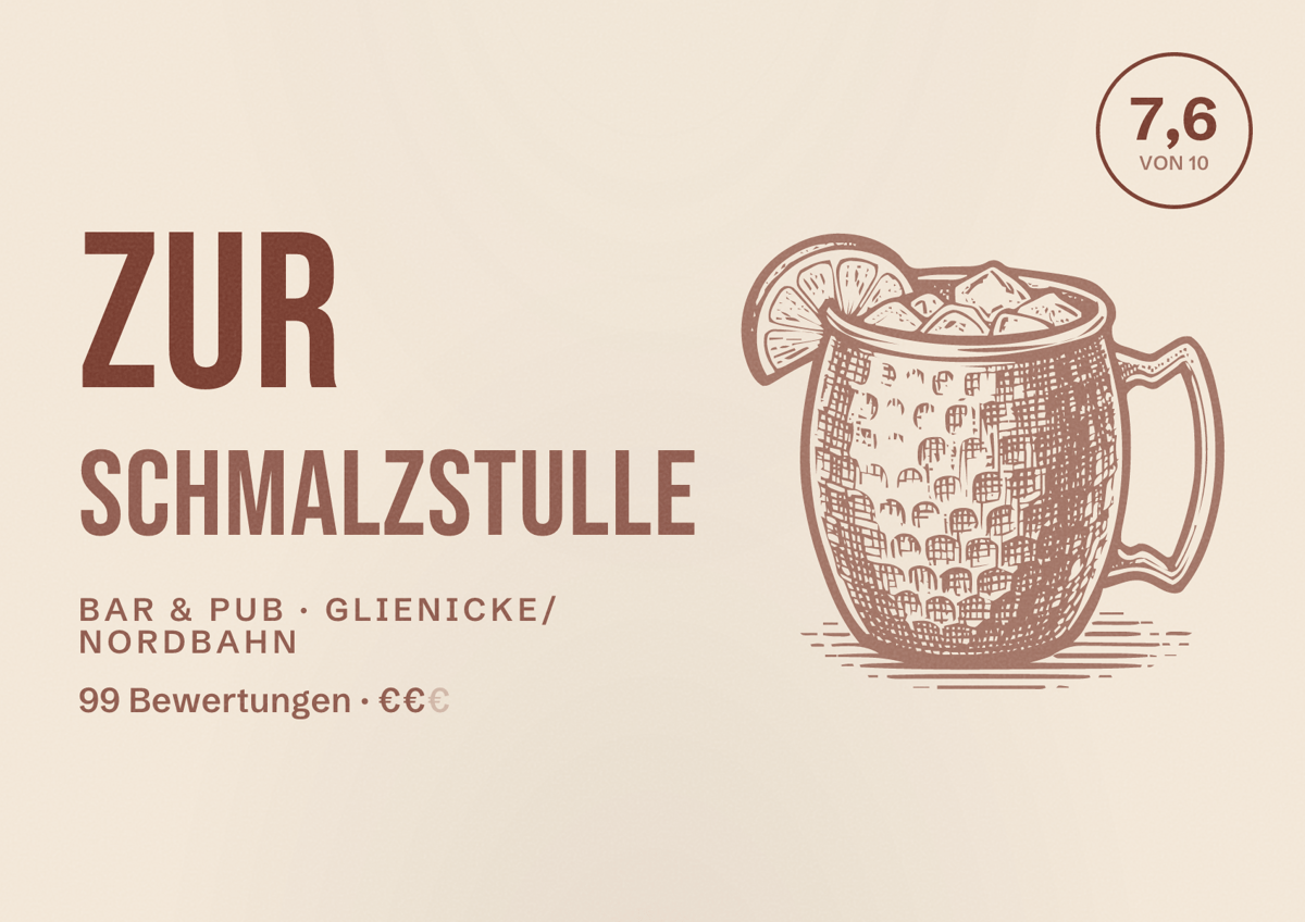 Illustriertes Poster von Zur Schmalzstulle, Bar & Pub in Glienicke/Nordbahn: Bewertung 7,6 von 10 aus 99 Bewertungen, Preisniveau €€