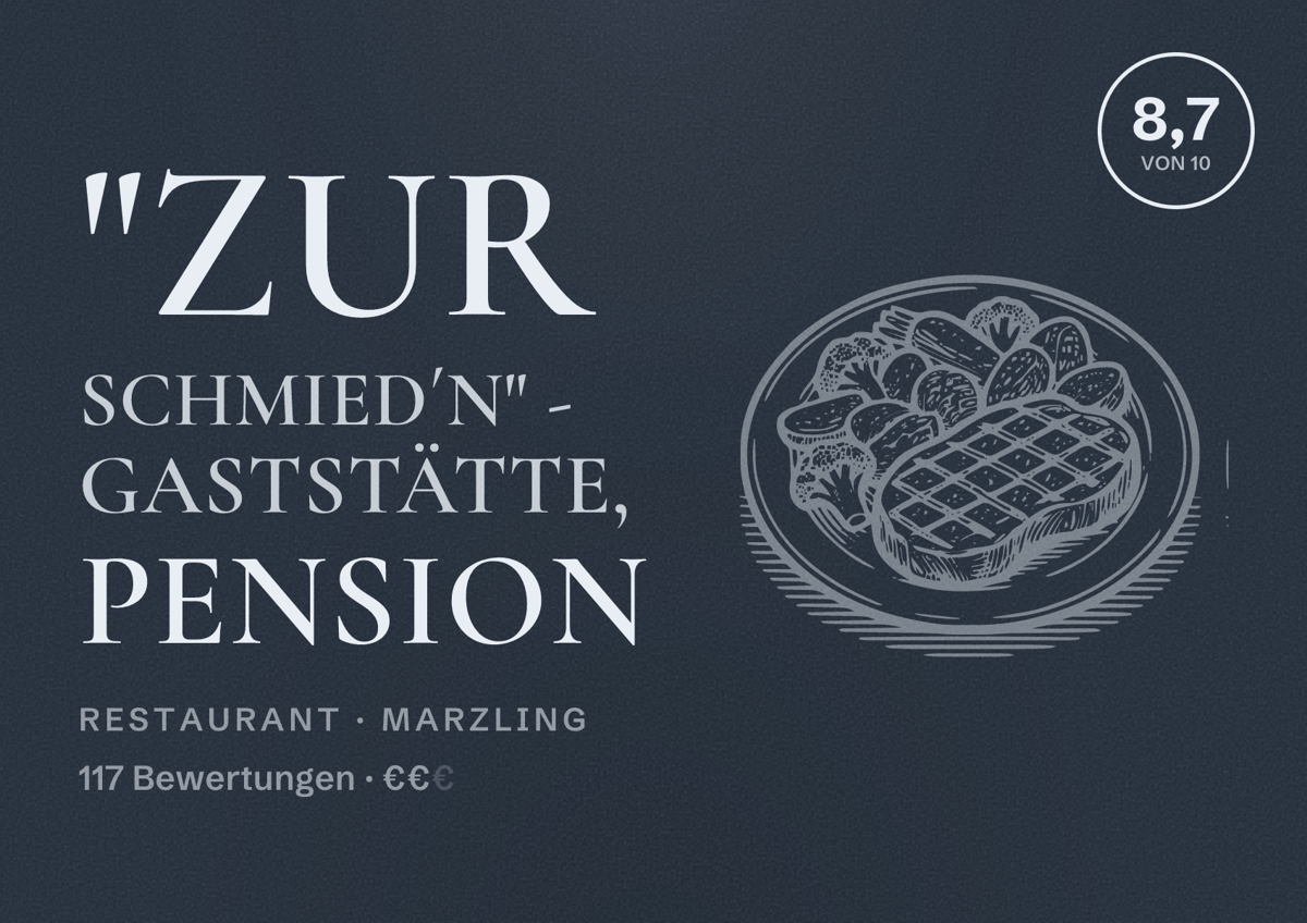 Illustriertes Poster von "Zur Schmied´n" - Gaststätte, Pension, Restaurant in Marzling: Bewertung 8,7 von 10 aus 117 Bewertungen, Preisniveau €€