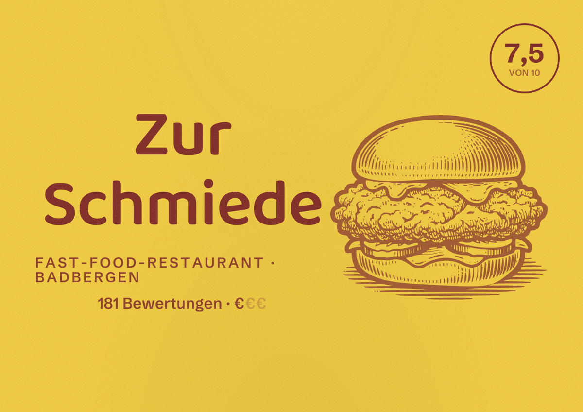 Illustriertes Poster von Zur Schmiede, Fast-Food-Restaurant in Badbergen: Bewertung 7,5 von 10 aus 181 Bewertungen, Preisniveau €