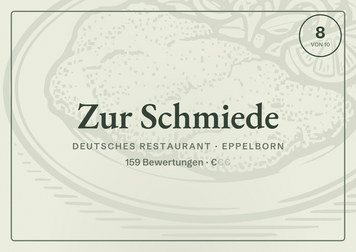 Illustriertes Poster von Zur Schmiede, Deutsches Restaurant in Eppelborn: Bewertung 8 von 10 aus 159 Bewertungen, Preisniveau €