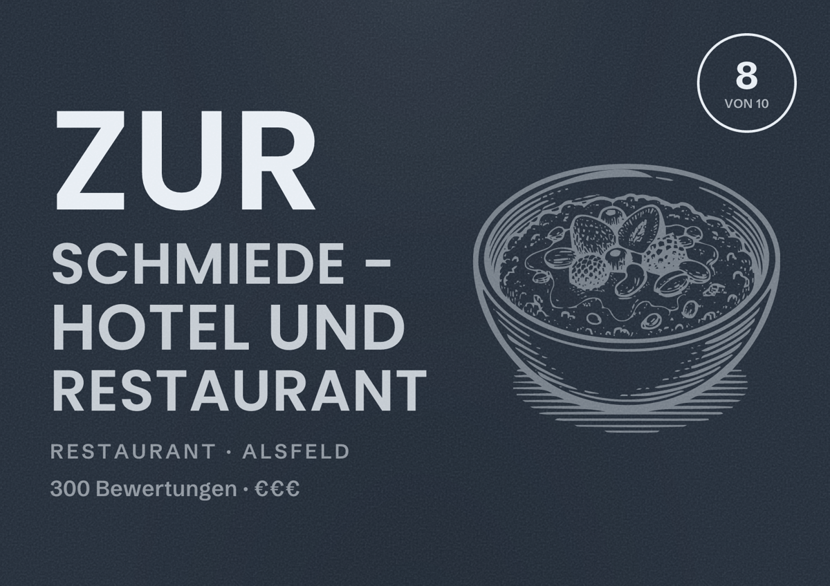 Illustriertes Poster von Zur Schmiede - Hotel und Restaurant, Restaurant in Alsfeld: Bewertung 8 von 10 aus 300 Bewertungen, Preisniveau €€€
