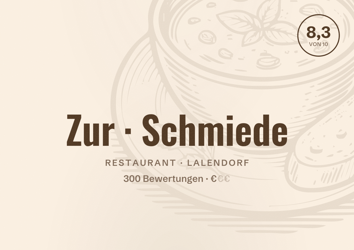 Illustriertes Poster von Zur Schmiede, Restaurant in Lalendorf: Bewertung 8,3 von 10 aus 300 Bewertungen, Preisniveau €