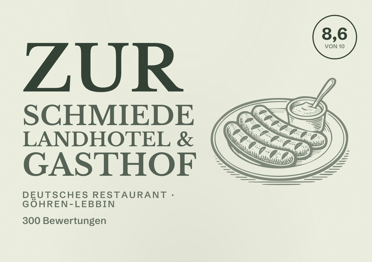 Illustriertes Poster von Zur Schmiede Landhotel & Gasthof, Deutsches Restaurant in Göhren-Lebbin: Bewertung 8,6 von 10 aus 300 Bewertungen