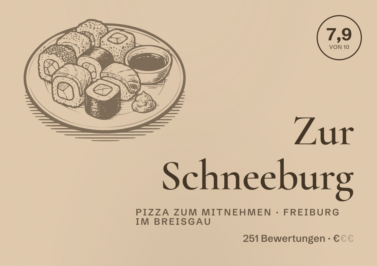 Illustriertes Poster von Zur Schneeburg, Pizza zum Mitnehmen in Freiburg im Breisgau: Bewertung 7,9 von 10 aus 251 Bewertungen, Preisniveau €