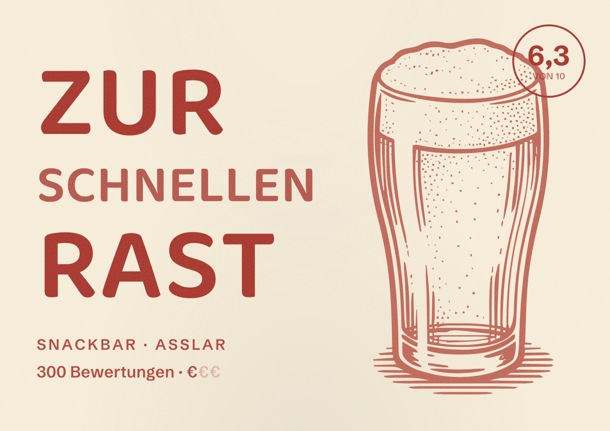 Illustriertes Poster von Zur Schnellen Rast, Snackbar in Aßlar: Bewertung 6,3 von 10 aus 300 Bewertungen, Preisniveau €