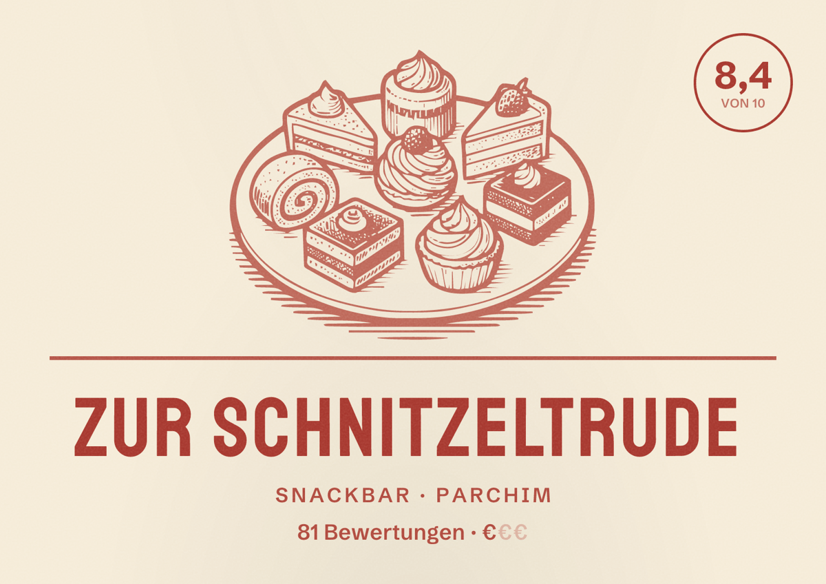 Illustriertes Poster von Zur Schnitzeltrude, Snackbar in Parchim: Bewertung 8,4 von 10 aus 81 Bewertungen, Preisniveau €