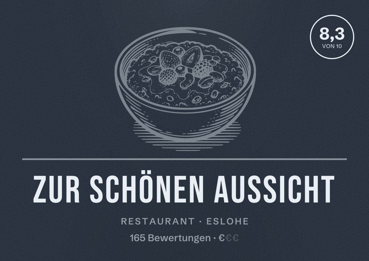 Illustriertes Poster von Zur Schönen Aussicht, Restaurant in Eslohe: Bewertung 8,3 von 10 aus 165 Bewertungen, Preisniveau €