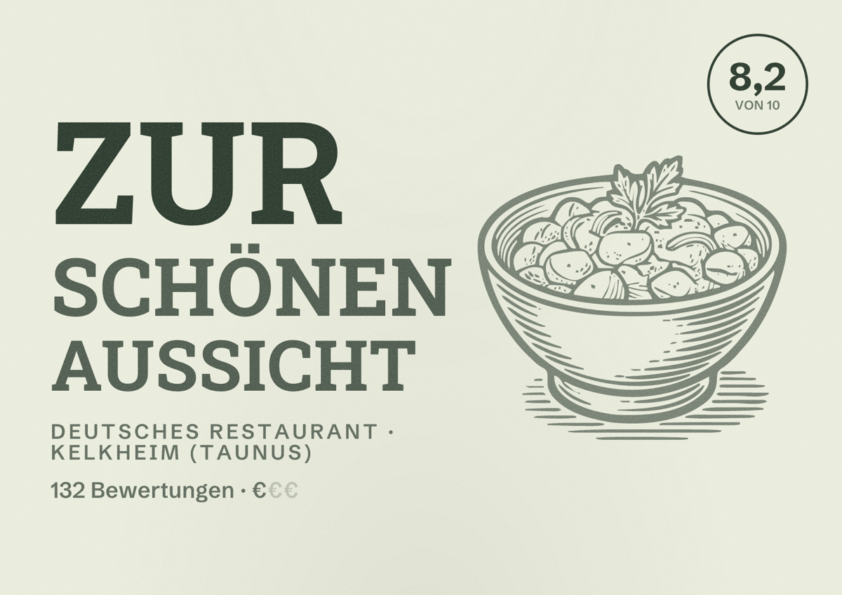 Illustriertes Poster von Zur schönen Aussicht, Deutsches Restaurant in Kelkheim (Taunus): Bewertung 8,2 von 10 aus 132 Bewertungen, Preisniveau €