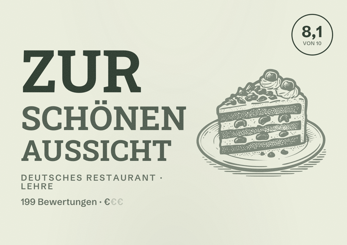 Illustriertes Poster von Zur Schönen Aussicht, Deutsches Restaurant in Lehre: Bewertung 8,1 von 10 aus 199 Bewertungen, Preisniveau €