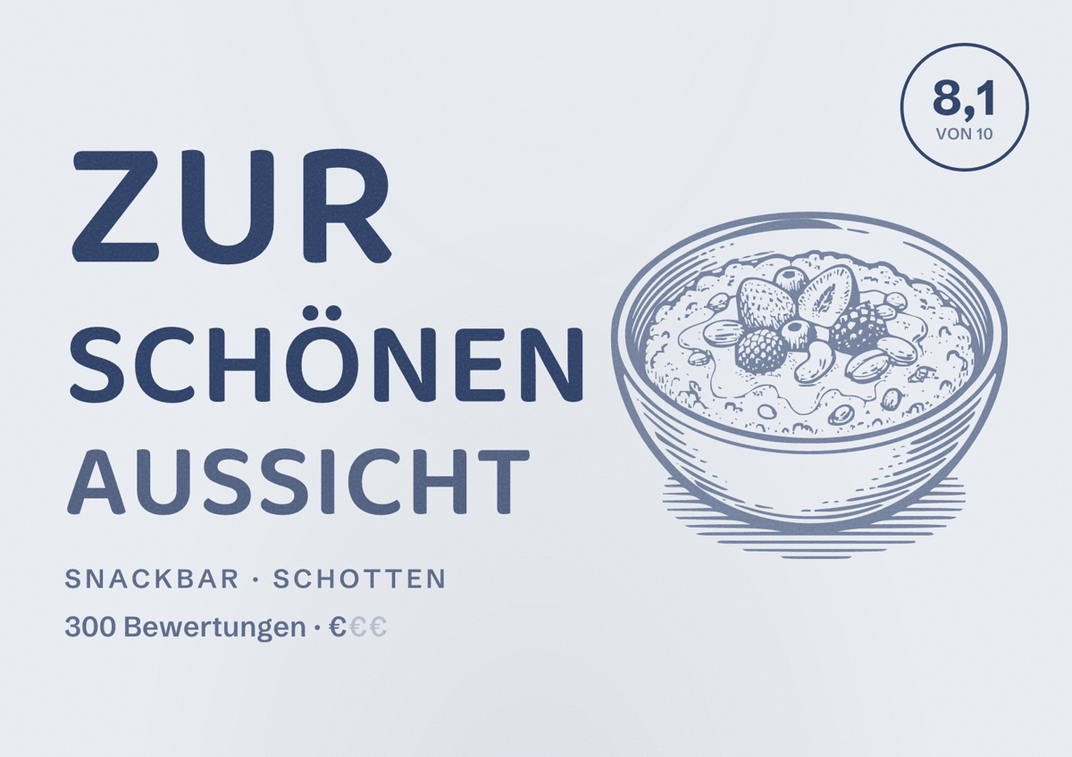 Illustriertes Poster von Zur schönen Aussicht, Snackbar in Schotten: Bewertung 8,1 von 10 aus 300 Bewertungen, Preisniveau €