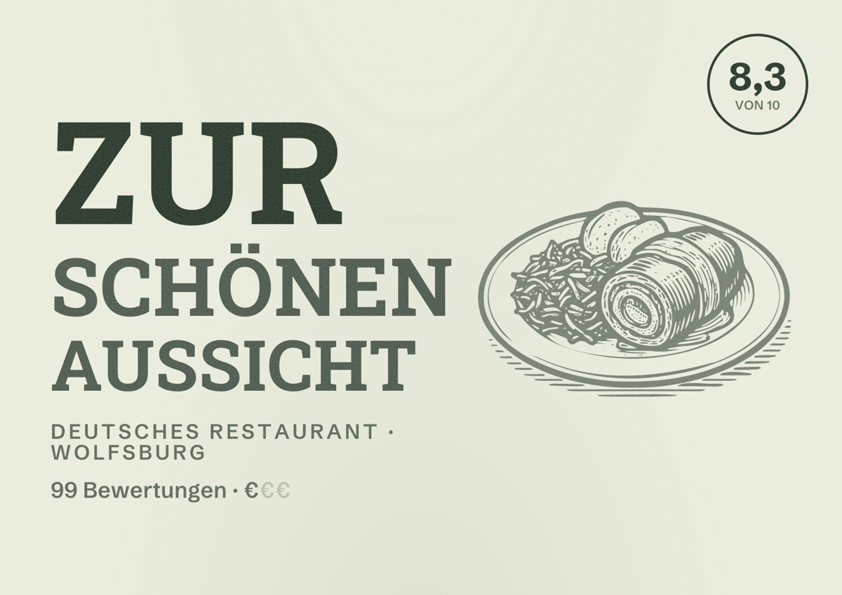 Illustriertes Poster von Zur Schönen Aussicht, Deutsches Restaurant in Wolfsburg: Bewertung 8,3 von 10 aus 99 Bewertungen, Preisniveau €