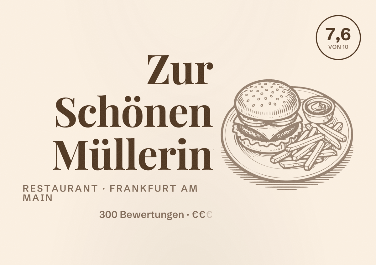 Illustriertes Poster von Zur Schönen Müllerin, Restaurant in Frankfurt am Main: Bewertung 7,6 von 10 aus 300 Bewertungen, Preisniveau €€