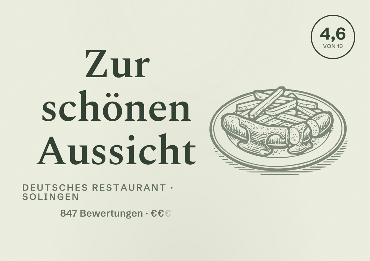 Illustriertes Poster von Zur schönen Aussicht, Deutsches Restaurant in Solingen: Bewertung 4,6 von 10 aus 847 Bewertungen, Preisniveau €€