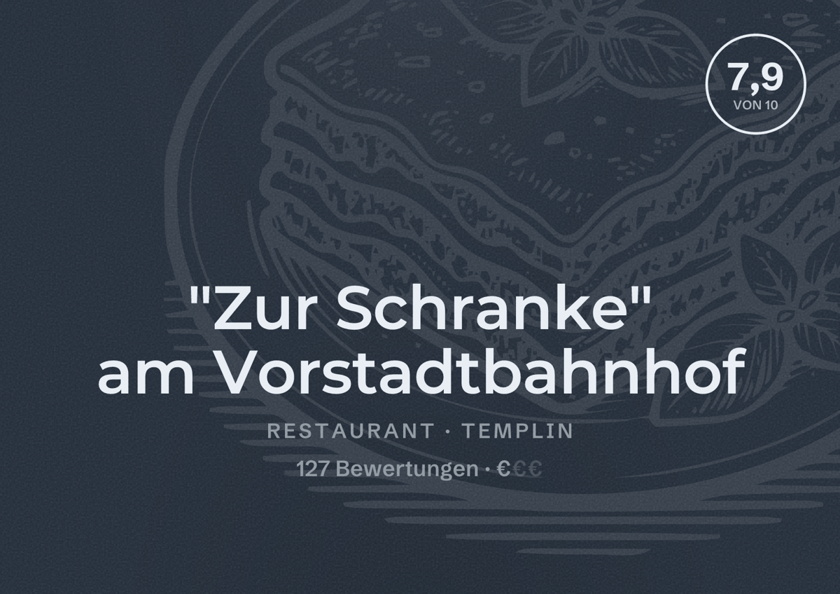 Illustriertes Poster von "Zur Schranke" am Vorstadtbahnhof, Restaurant in Templin: Bewertung 7,9 von 10 aus 127 Bewertungen, Preisniveau €
