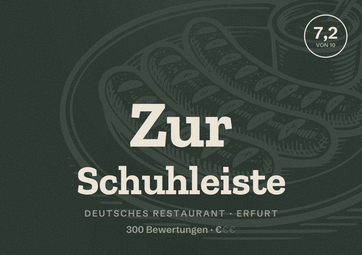 Illustriertes Poster von Zur Schuhleiste, Deutsches Restaurant in Erfurt: Bewertung 7,2 von 10 aus 300 Bewertungen, Preisniveau €