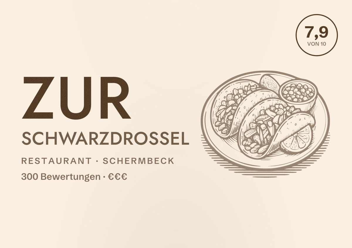 Illustriertes Poster von Zur Schwarzdrossel, Restaurant in Schermbeck: Bewertung 7,9 von 10 aus 300 Bewertungen, Preisniveau €€€