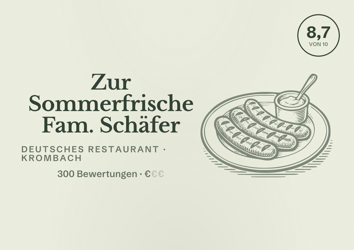 Illustriertes Poster von Zur Sommerfrische Fam. Schäfer, Deutsches Restaurant in Krombach: Bewertung 8,7 von 10 aus 300 Bewertungen, Preisniveau €