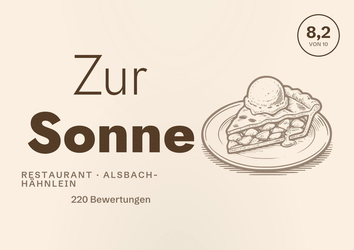 Illustriertes Poster von Zur Sonne, Restaurant in Alsbach-Hähnlein: Bewertung 8,2 von 10 aus 220 Bewertungen