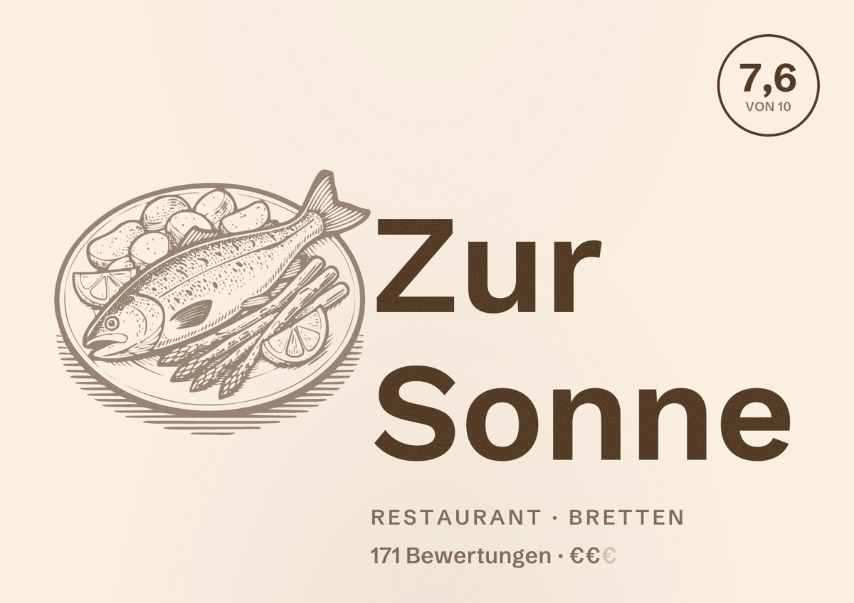 Illustriertes Poster von Zur Sonne, Restaurant in Bretten: Bewertung 7,6 von 10 aus 171 Bewertungen, Preisniveau €€