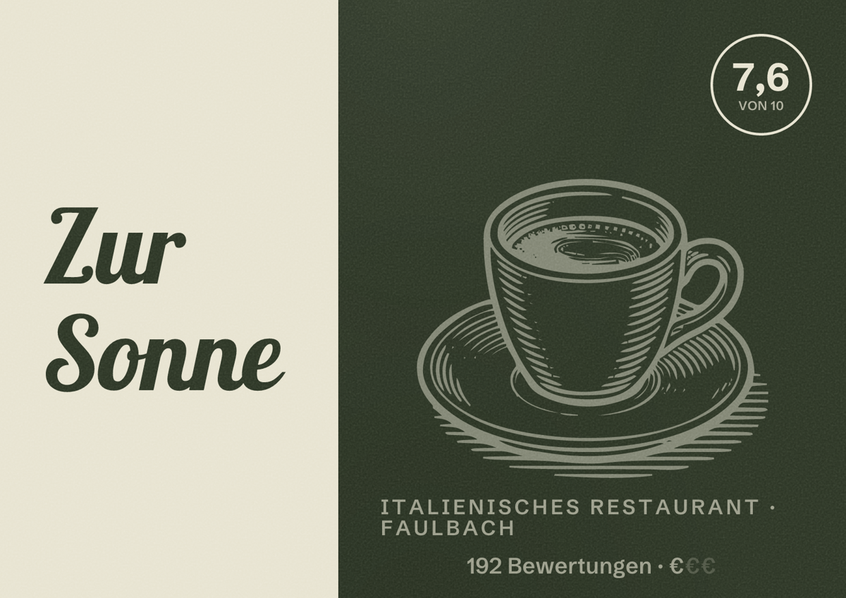 Illustriertes Poster von Zur Sonne, Italienisches Restaurant in Faulbach: Bewertung 7,6 von 10 aus 192 Bewertungen, Preisniveau €