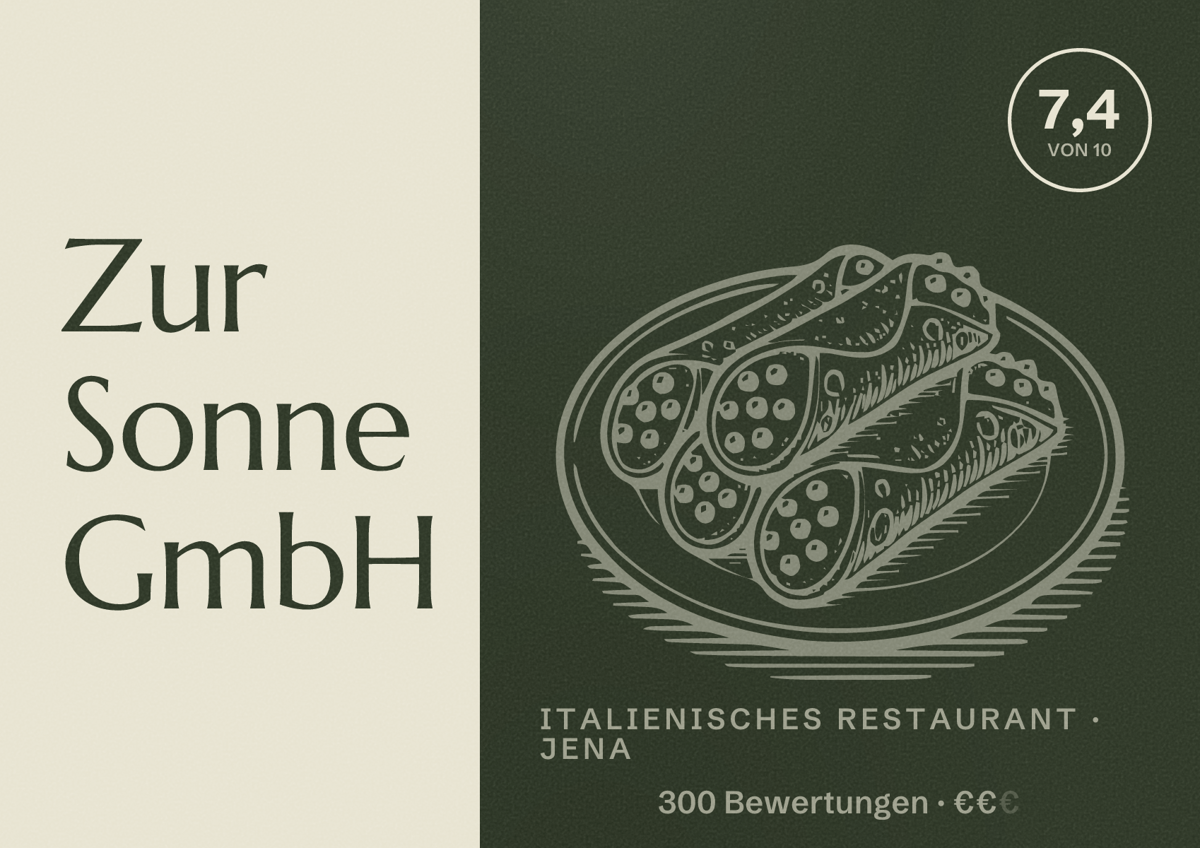 Illustriertes Poster von Zur Sonne GmbH, Italienisches Restaurant in Jena: Bewertung 7,4 von 10 aus 300 Bewertungen, Preisniveau €€