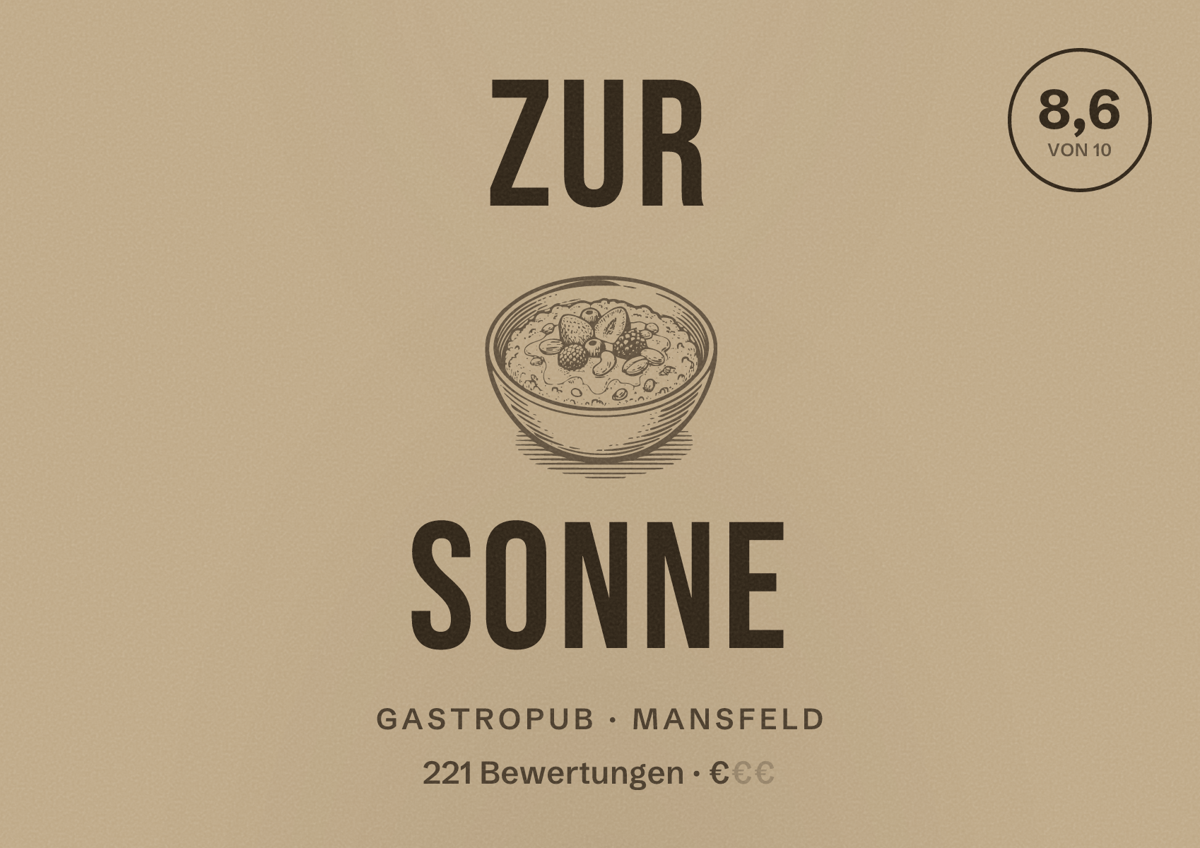 Illustriertes Poster von Zur Sonne, Gastropub in Mansfeld: Bewertung 8,6 von 10 aus 221 Bewertungen, Preisniveau €