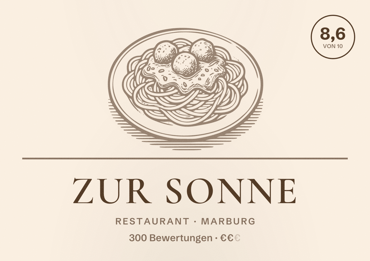 Illustriertes Poster von Zur Sonne, Restaurant in Marburg: Bewertung 8,6 von 10 aus 300 Bewertungen, Preisniveau €€