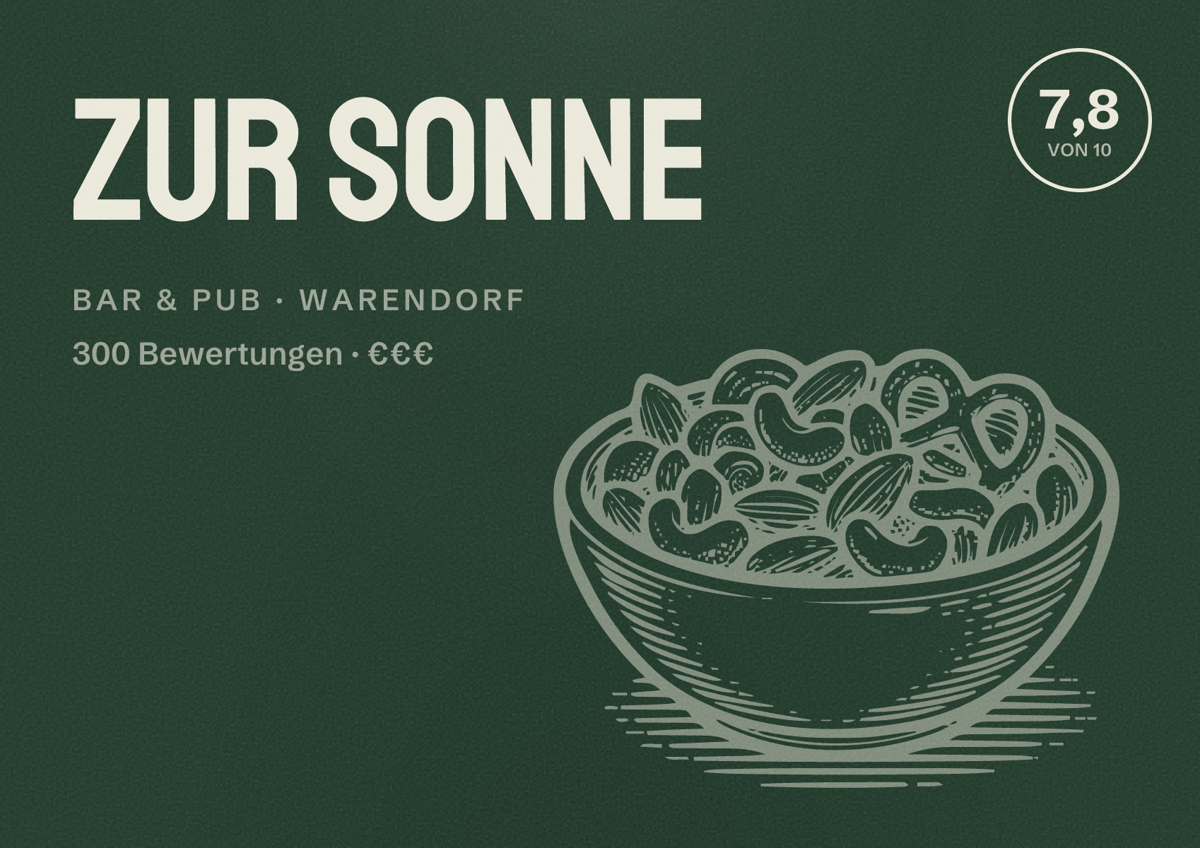 Illustriertes Poster von Zur Sonne, Bar & Pub in Warendorf: Bewertung 7,8 von 10 aus 300 Bewertungen, Preisniveau €€€