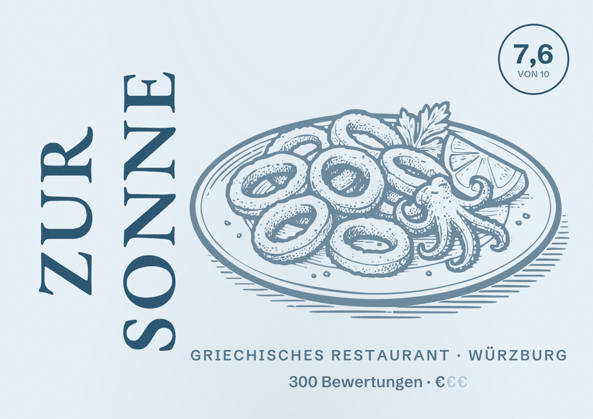 Illustriertes Poster von Zur Sonne, Griechisches Restaurant in Würzburg: Bewertung 7,6 von 10 aus 300 Bewertungen, Preisniveau €