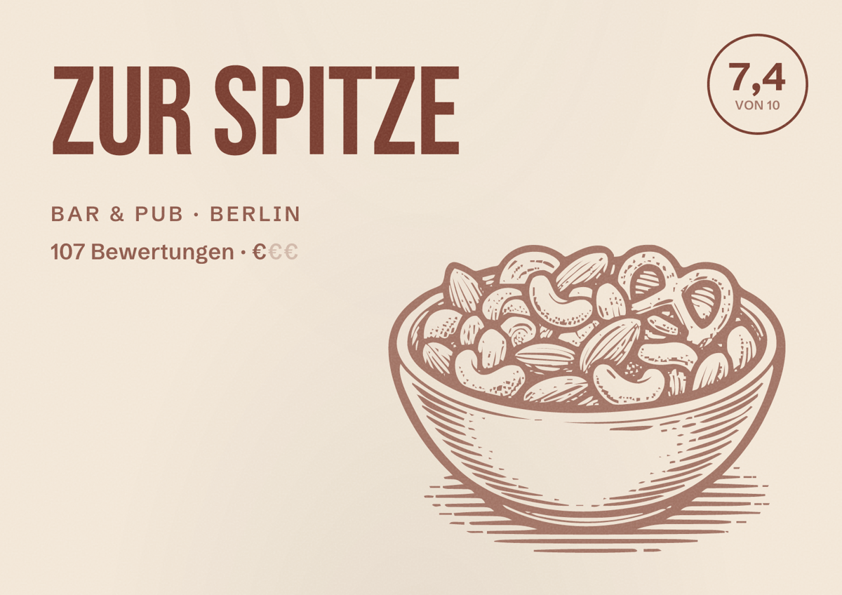 Illustriertes Poster von Zur Spitze, Bar & Pub in Berlin: Bewertung 7,4 von 10 aus 107 Bewertungen, Preisniveau €