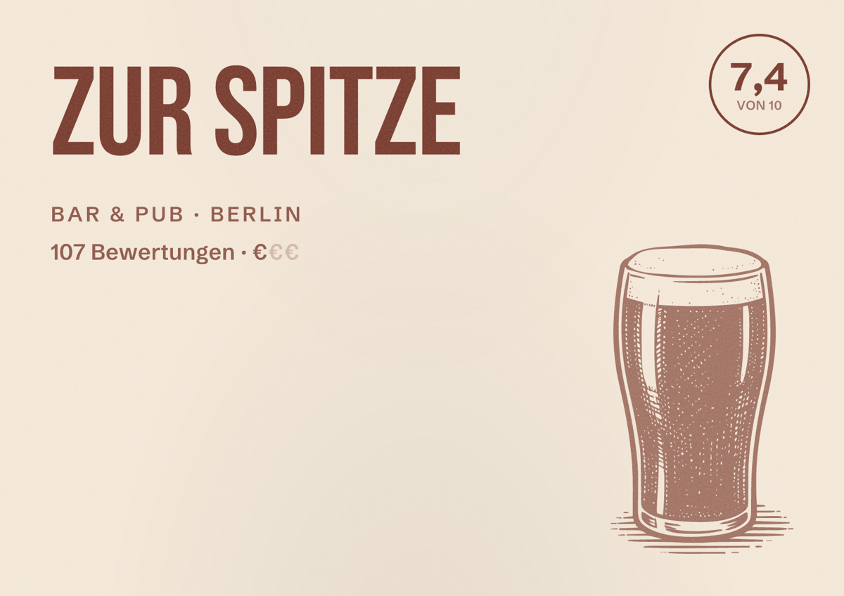 Illustriertes Poster von Zur Spitze, Bar & Pub in Berlin: Bewertung 7,4 von 10 aus 107 Bewertungen, Preisniveau €