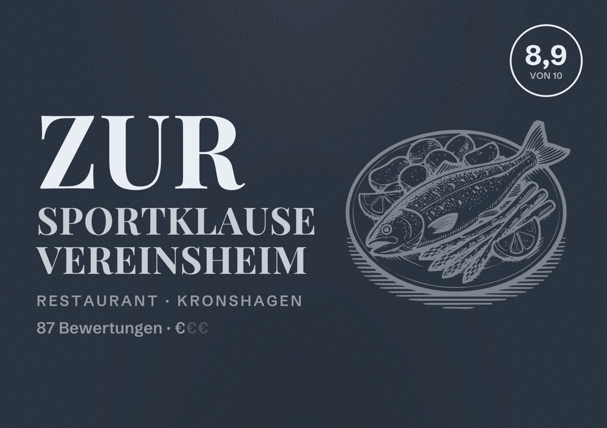 Illustriertes Poster von Zur Sportklause Vereinsheim, Restaurant in Kronshagen: Bewertung 8,9 von 10 aus 87 Bewertungen, Preisniveau €