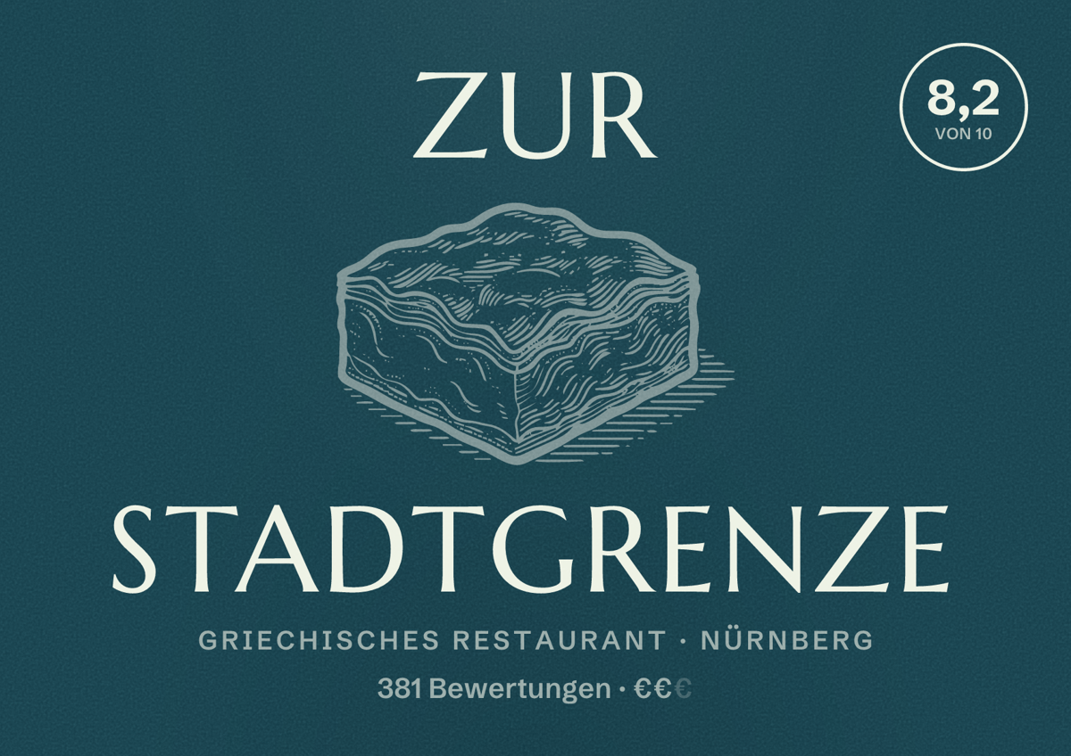 Illustriertes Poster von Zur Stadtgrenze, Griechisches Restaurant in Nürnberg: Bewertung 8,2 von 10 aus 381 Bewertungen, Preisniveau €€