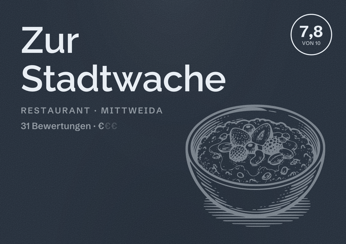 Illustriertes Poster von Zur Stadtwache, Restaurant in Mittweida: Bewertung 7,8 von 10 aus 31 Bewertungen, Preisniveau €