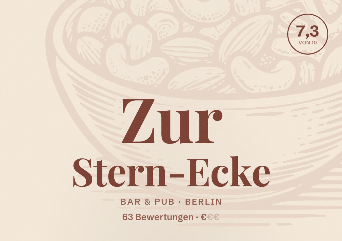 Illustriertes Poster von Zur Stern-Ecke, Bar & Pub in Berlin: Bewertung 7,3 von 10 aus 63 Bewertungen, Preisniveau €