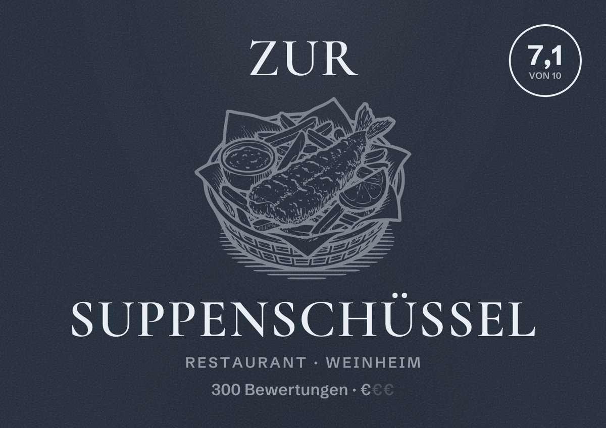 Illustriertes Poster von Zur Suppenschüssel, Restaurant in Weinheim: Bewertung 7,1 von 10 aus 300 Bewertungen, Preisniveau €