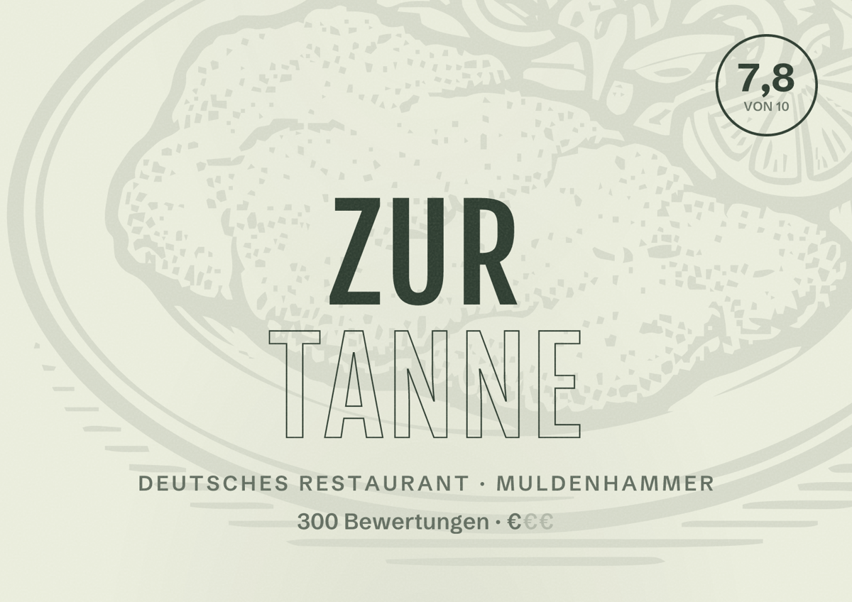 Illustriertes Poster von Zur Tanne, Deutsches Restaurant in Muldenhammer: Bewertung 7,8 von 10 aus 300 Bewertungen, Preisniveau €