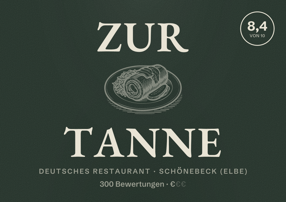 Illustriertes Poster von Zur Tanne, Deutsches Restaurant in Schönebeck (Elbe): Bewertung 8,4 von 10 aus 300 Bewertungen, Preisniveau €