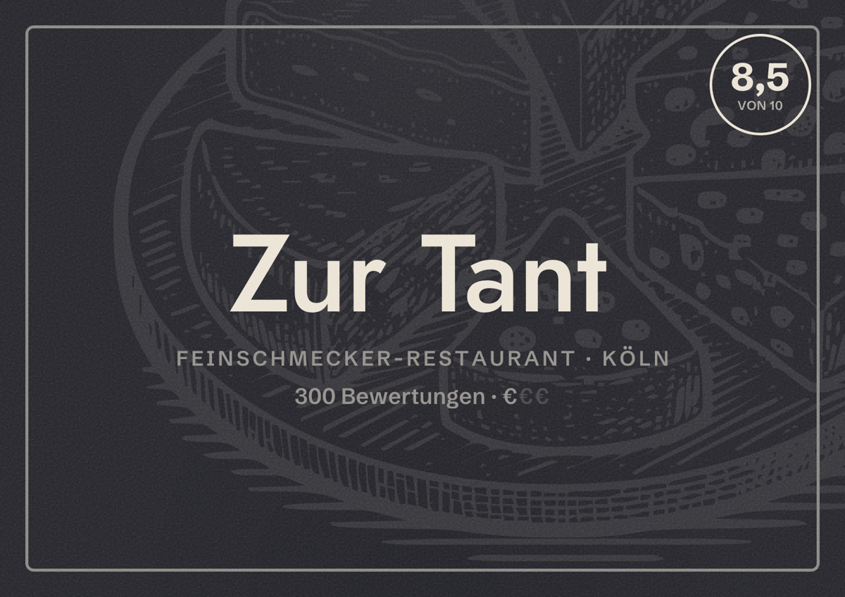 Illustriertes Poster von Zur Tant, Feinschmecker-Restaurant in Köln: Bewertung 8,5 von 10 aus 300 Bewertungen, Preisniveau €