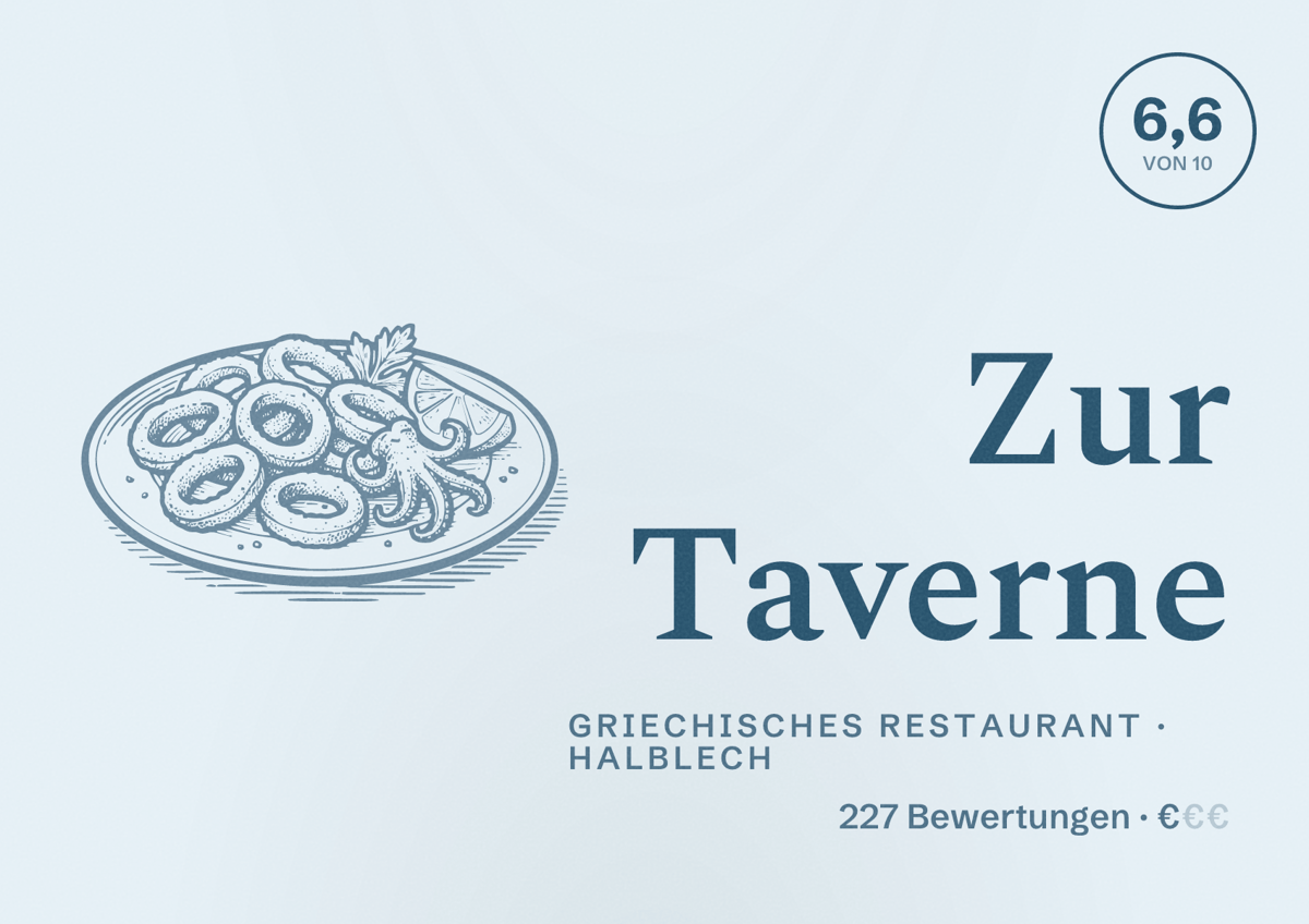 Illustriertes Poster von Zur Taverne, Griechisches Restaurant in Halblech: Bewertung 6,6 von 10 aus 227 Bewertungen, Preisniveau €