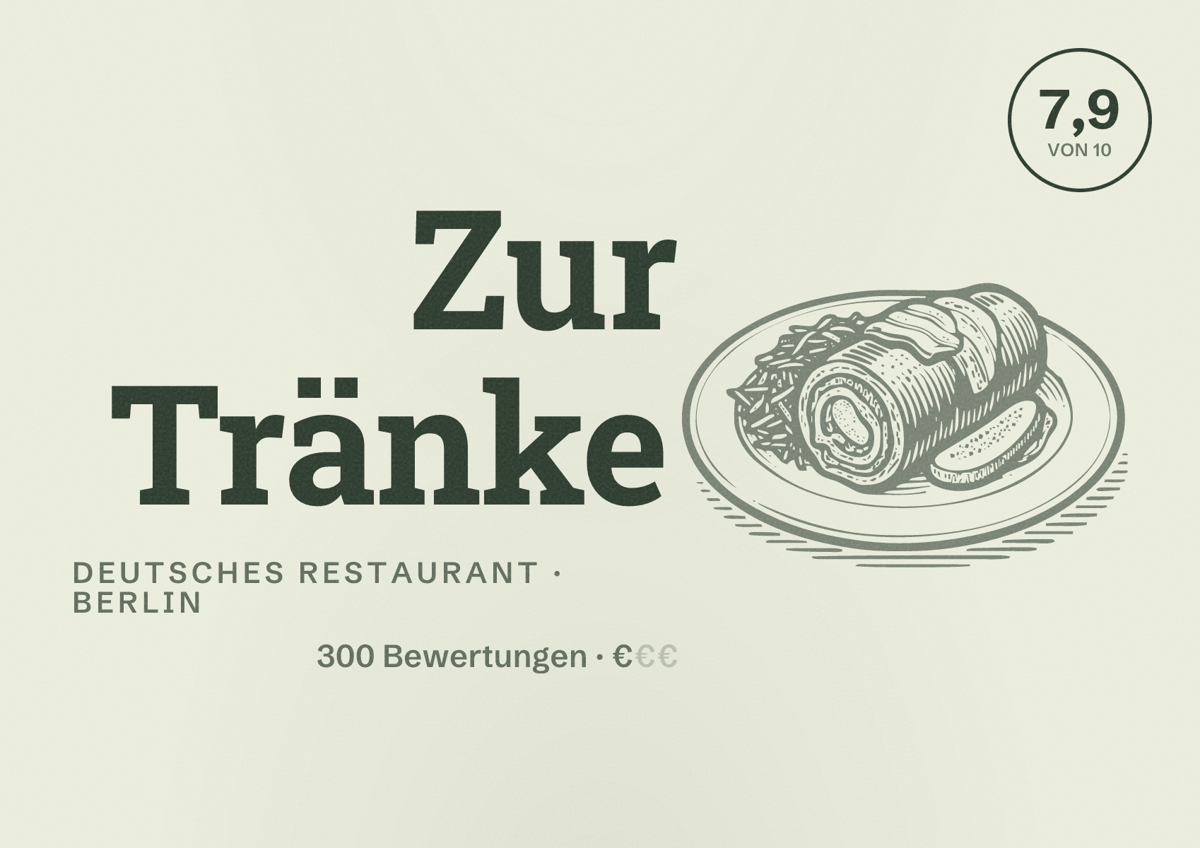 Illustriertes Poster von Zur Tränke, Deutsches Restaurant in Berlin: Bewertung 7,9 von 10 aus 300 Bewertungen, Preisniveau €