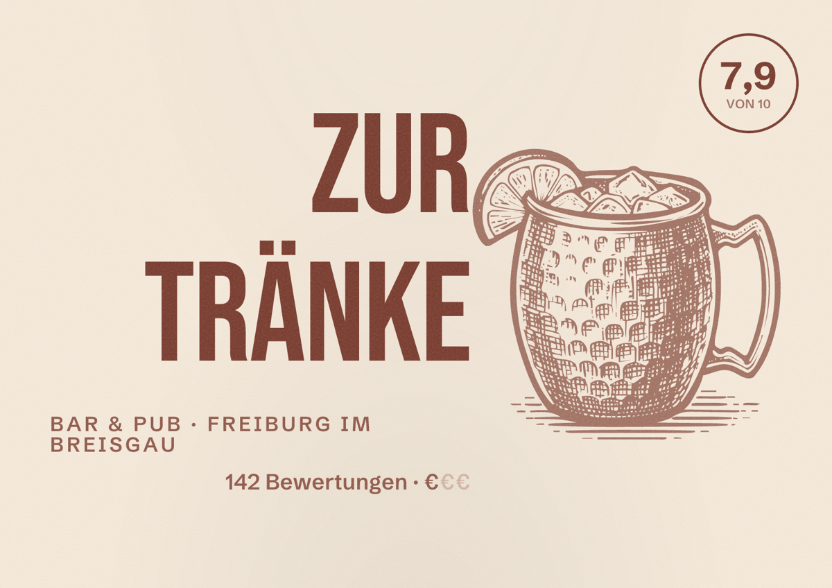 Illustriertes Poster von Zur Tränke, Bar & Pub in Freiburg im Breisgau: Bewertung 7,9 von 10 aus 142 Bewertungen, Preisniveau €