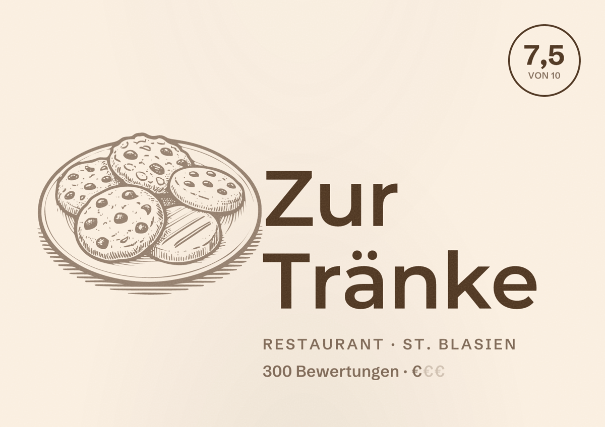 Illustriertes Poster von Zur Tränke, Restaurant in St. Blasien: Bewertung 7,5 von 10 aus 300 Bewertungen, Preisniveau €