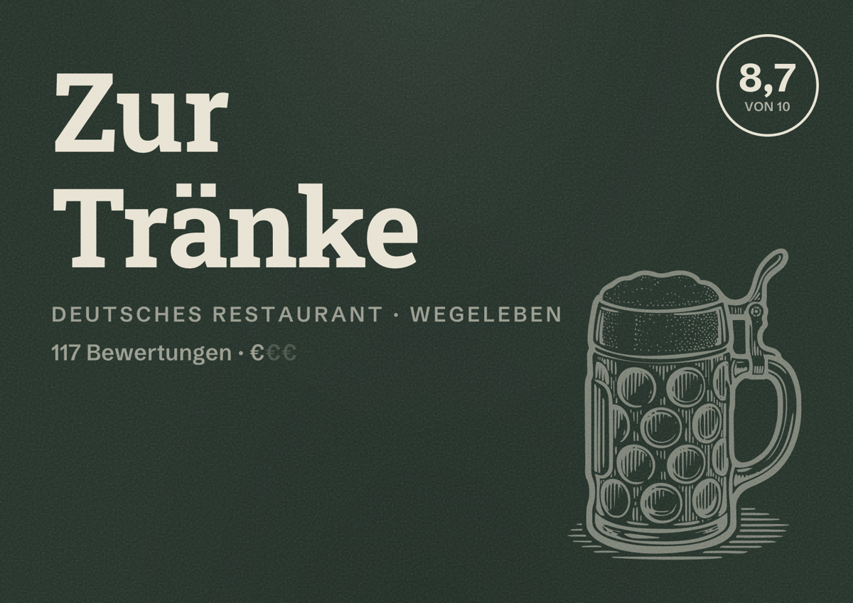 Illustriertes Poster von Zur Tränke, Deutsches Restaurant in Wegeleben: Bewertung 8,7 von 10 aus 117 Bewertungen, Preisniveau €