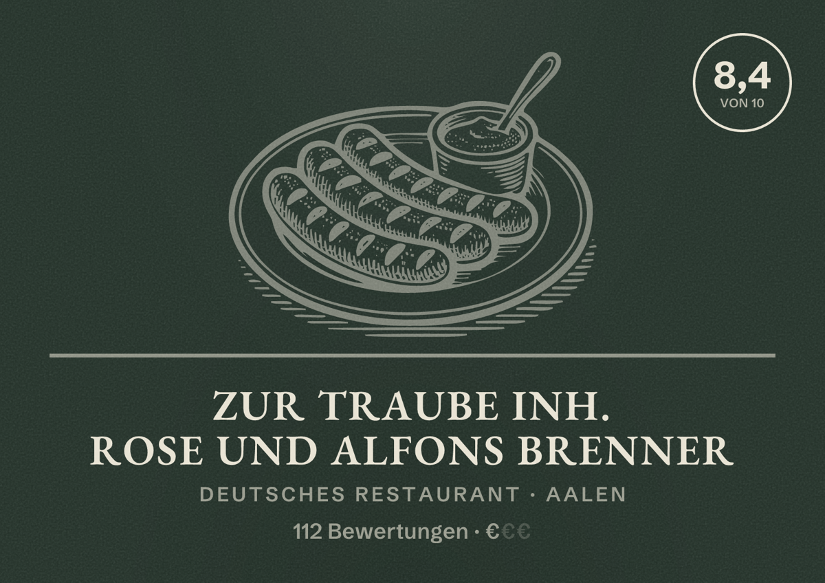 Illustriertes Poster von Zur Traube Inh. Rose und Alfons Brenner, Deutsches Restaurant in Aalen: Bewertung 8,4 von 10 aus 112 Bewertungen, Preisniveau €
