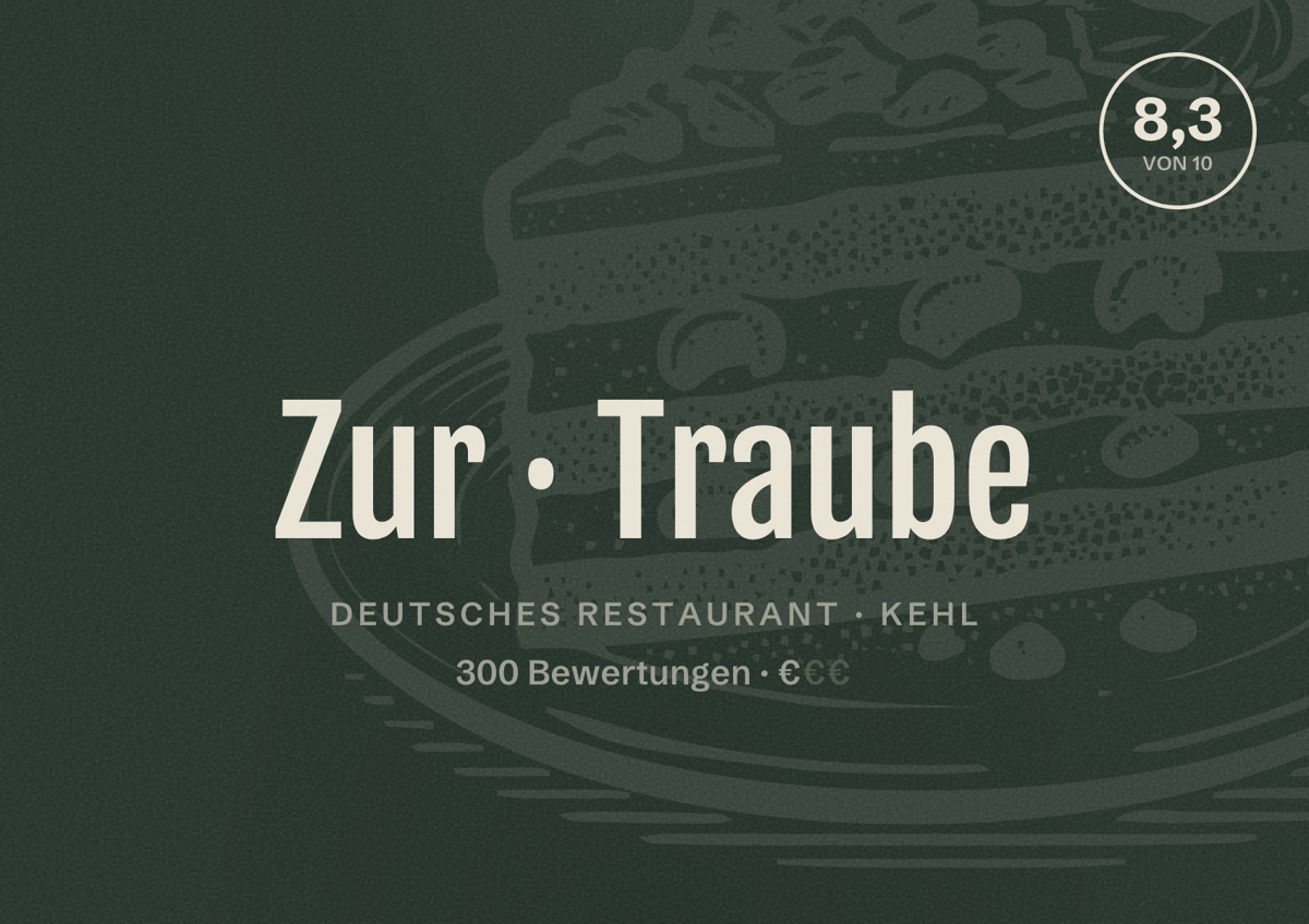 Illustriertes Poster von Zur Traube, Deutsches Restaurant in Kehl: Bewertung 8,3 von 10 aus 300 Bewertungen, Preisniveau €