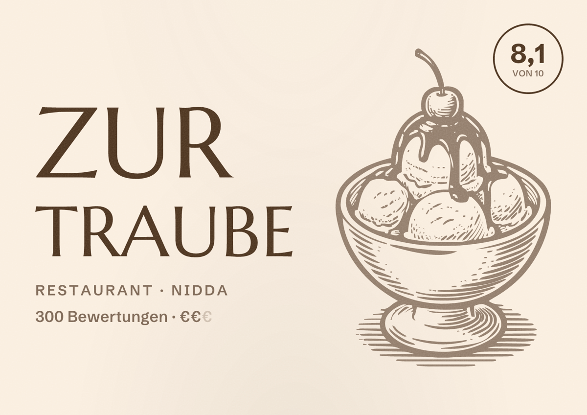 Illustriertes Poster von Zur Traube, Restaurant in Nidda: Bewertung 8,1 von 10 aus 300 Bewertungen, Preisniveau €€