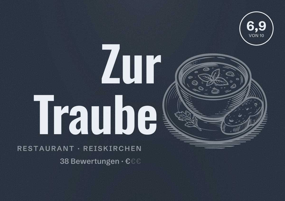 Illustriertes Poster von Zur Traube, Restaurant in Reiskirchen: Bewertung 6,9 von 10 aus 38 Bewertungen, Preisniveau €